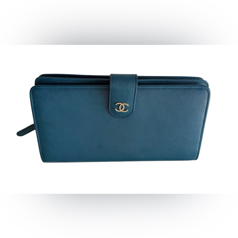 CHANEL Caviar Leather Long Wallet | Blue | Authentic